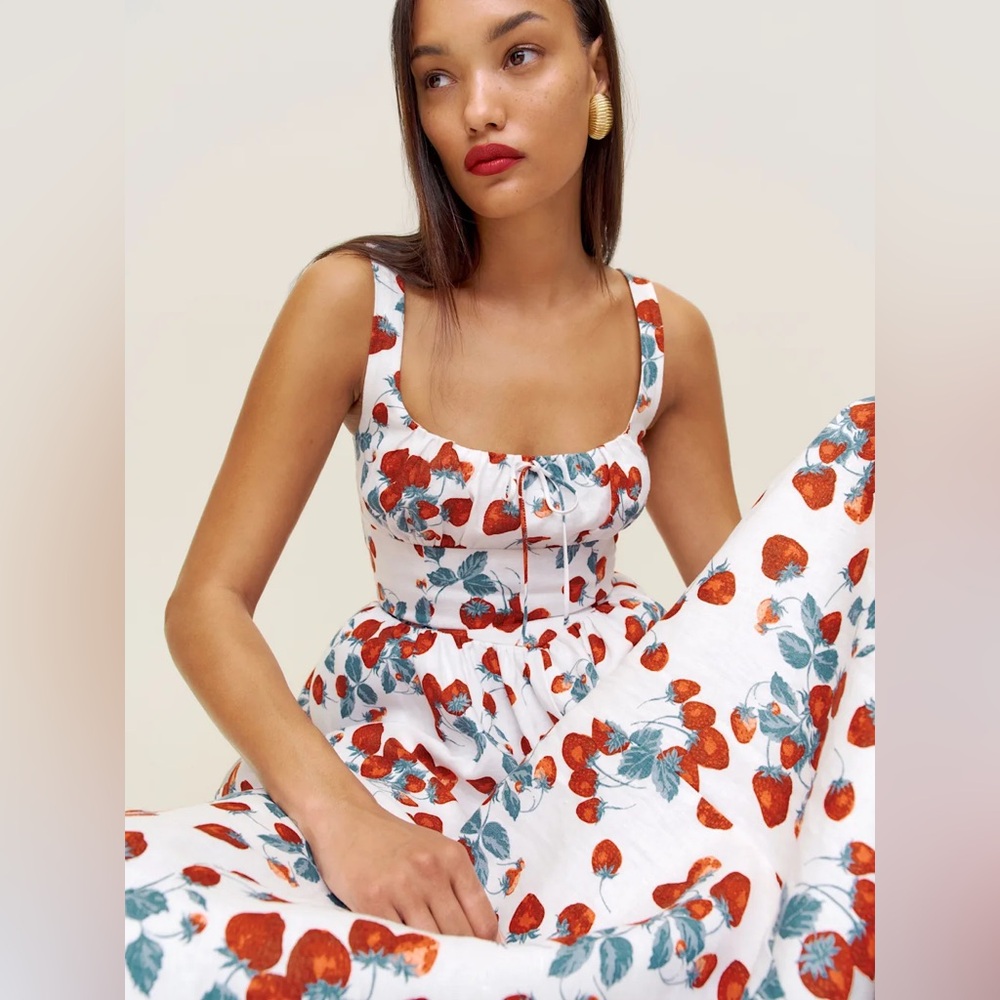 NEW Reformation Balia Midi Linen Dress in Strawberry Jam White Red | size 0 - Picture 4 of 14